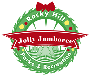 Jolly Jamboree logo incorporated into the Rocky Hill Parks and Rec logo in shape of a green wreath with a red banner across the front that reads "Jolly Jamboree" with a red bow on the top